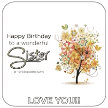 a birthday card for a wonderful sister with a tree covered in pink flowers .