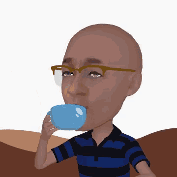 a bald man with glasses drinking from a blue cup