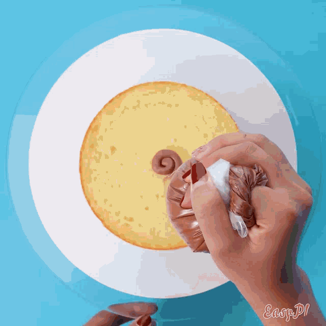 a person is frosting a cake with a bag of chocolate frosting