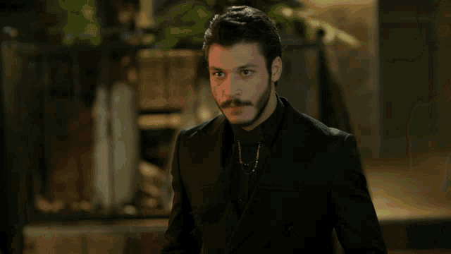 a man with a beard and mustache wearing a black suit