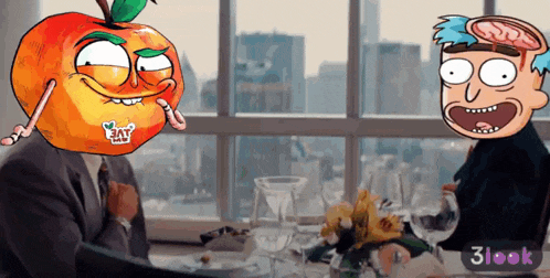 a man in a suit sits at a table with a cartoon character with an orange head that says " eat me "