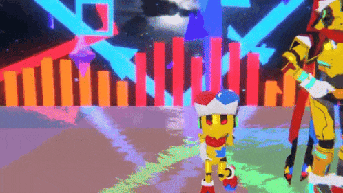 a colorful video game character is standing in front of a colorful background .