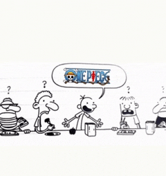 a group of cartoon characters are sitting at a table and one of them is talking about one piece