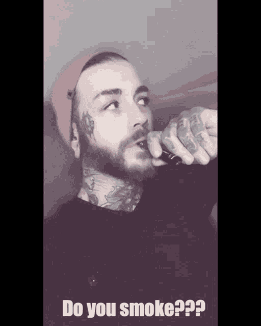 a man with a tattoo on his neck is smoking an electronic cigarette and the caption says " do you smoke "