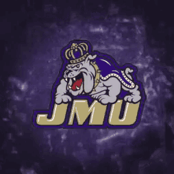 a purple and gold jmu logo with a bulldog with a crown on its head