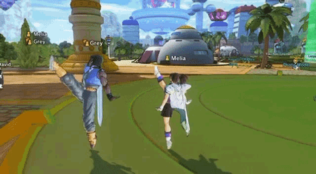 a video game is being played with melia and grey