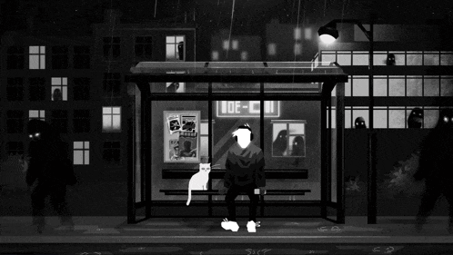 a black and white drawing of a person sitting at a bus stop with a cat and a sign that says joe-chi
