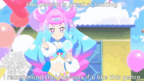 a cartoon of a girl with balloons and the caption this person is great at hosting