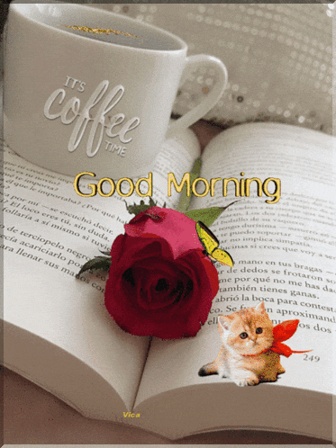 a cup of coffee sits on top of an open book next to a red rose and a kitten
