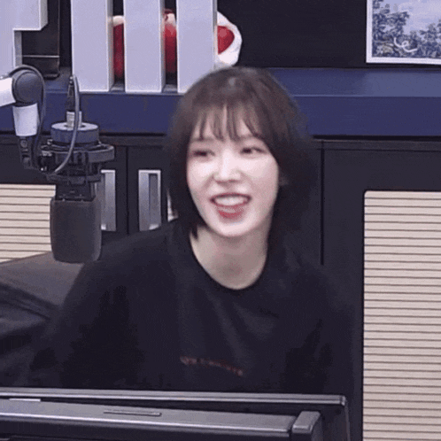 a woman is sitting at a desk in front of a microphone .
