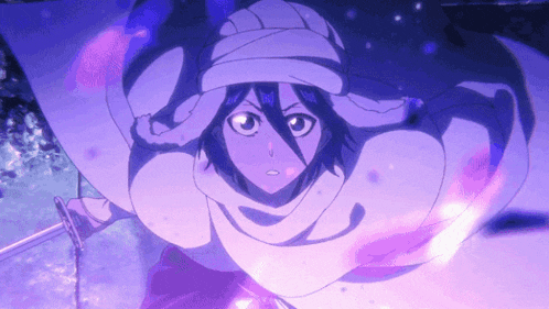 a purple anime character with a white cape