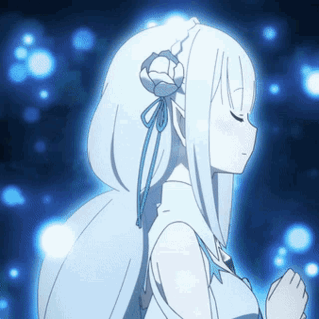 a girl with white hair and a flower in her hair stands in front of a blue background
