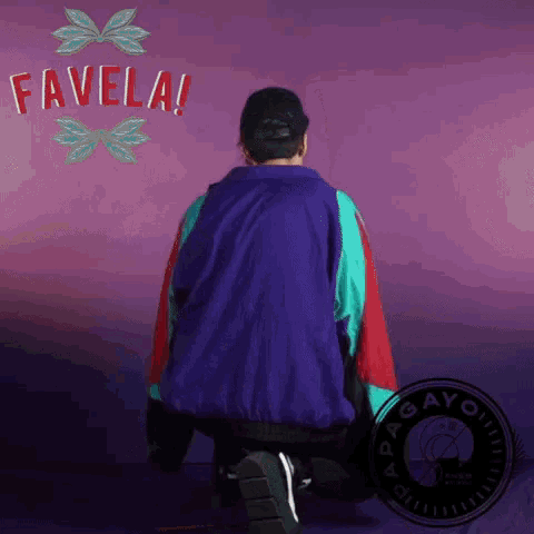 a man in a purple jacket is kneeling down in front of a purple wall with the word favela written on it