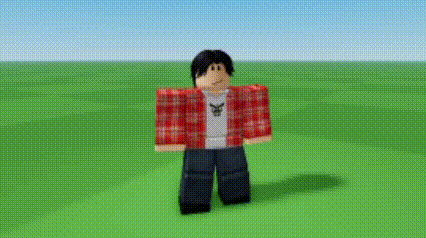 a roblox character is standing in a grassy field wearing a red plaid shirt .