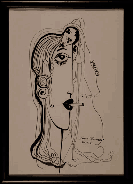 a black and white drawing of a woman with a cigarette in her mouth and the year 2004 on the bottom