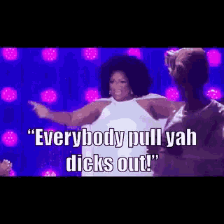 a woman in a white dress is dancing on a stage and says " everybody pull yah dicks out ! "