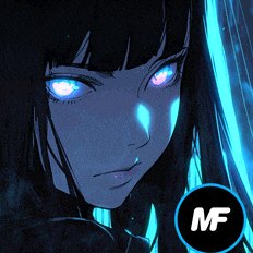 a picture of a girl with blue eyes and the letter mf