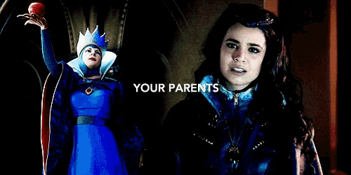 a woman in a blue dress is holding an apple and the words " your parents " are below her