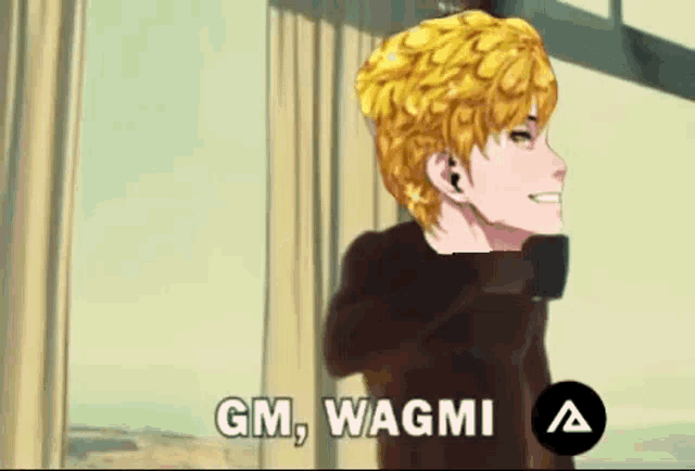 a man with yellow hair is standing in front of a window with the words `` gm , wagmi '' written on it .