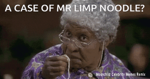 an older woman with glasses is eating noodles with the caption a case of mr limp noodle