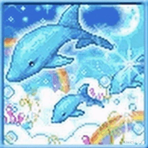 a pixel art of two dolphins jumping out of the water