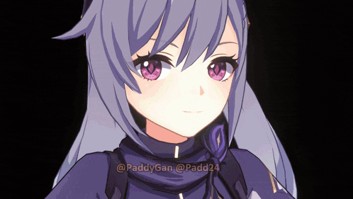 a close up of a girl with purple hair and the words paddygan @ padd24 on the bottom