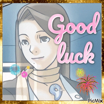 a picture of a woman with the words " good luck " on it