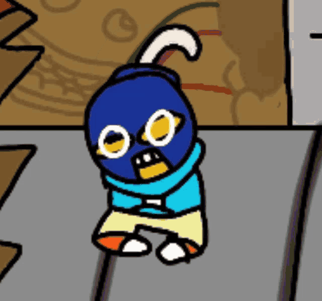 a cartoon character wearing a blue mask and yellow pants