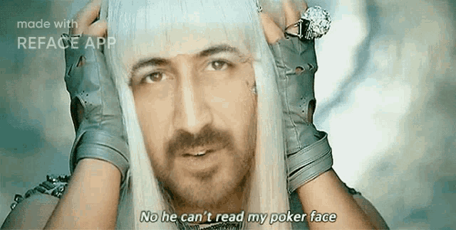 a man with a beard is wearing a white wig and gloves and says no he can 't read my poker face