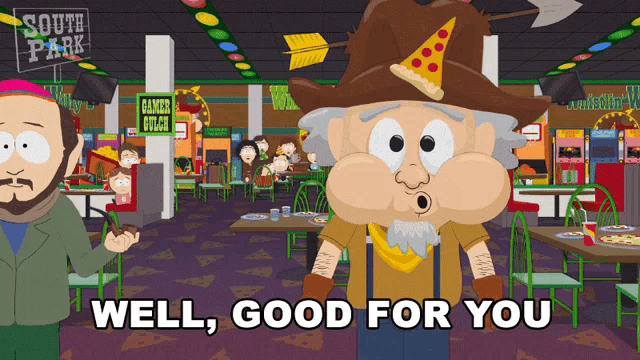 a cartoon character says well good for you in a restaurant