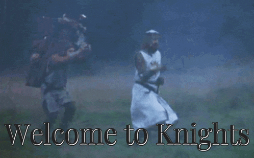a welcome to knights poster with a man carrying a bag