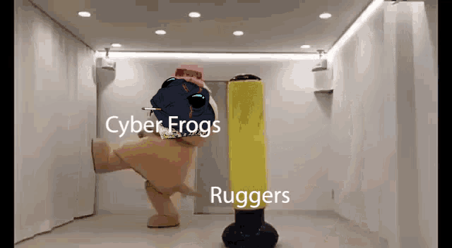 a frog is kicking a punching bag in a room .