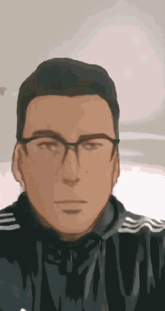 a cartoon drawing of a man wearing glasses and a black jacket