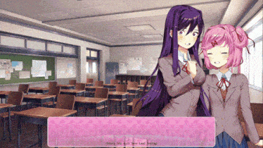 two anime girls are standing in a classroom with a pink box that says " memory skip auto save load ending "