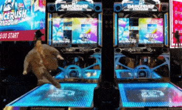 an advertisement for dance rush stardom shows a man jumping