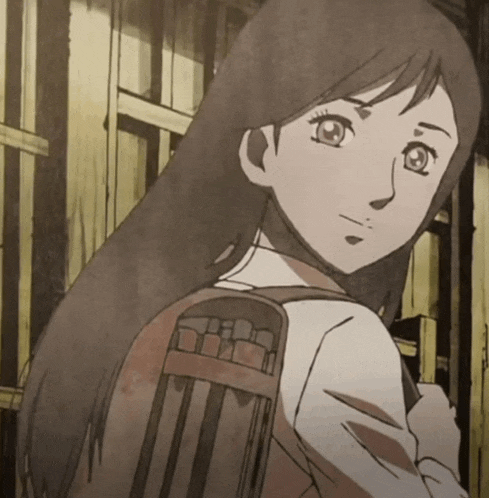 a drawing of a girl with long hair and a backpack on her back