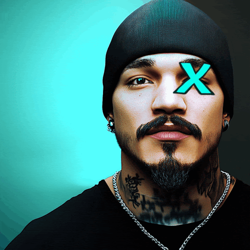 a man with a beard and a beanie has a blue x on his eye