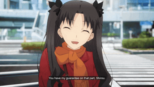 a girl with a scarf around her neck says " you have my guarantee on that part "
