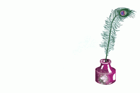 a peacock feather is next to a purple ink bottle with the word gracias below it