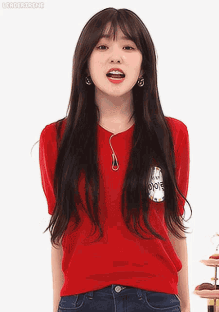 a girl wearing a red shirt has a name tag on her shoulder that says leader irene