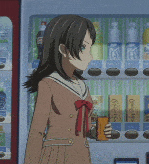a girl in a school uniform is standing in front of a vending machine holding a box of gatorade