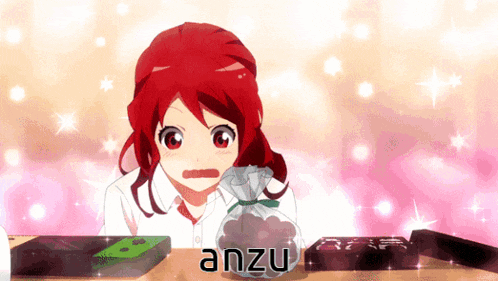 a girl with red hair is holding a bag of chocolates and the word anzu is above her