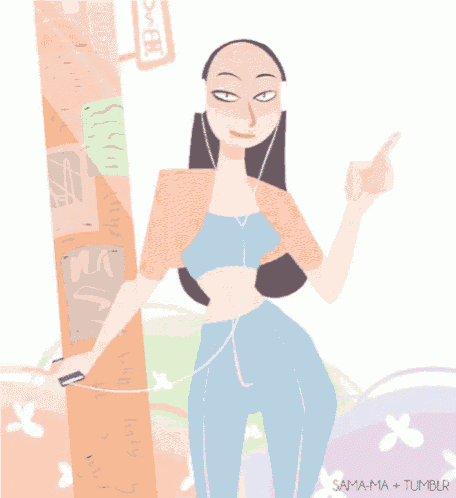 a cartoon drawing of a woman wearing headphones and pointing at something by sama-ma + tumblr