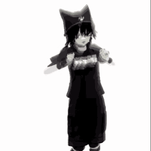 a girl with cat ears is wearing a black shirt and a black hat .
