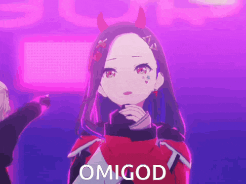 a girl with devil horns and the word omgod on the bottom