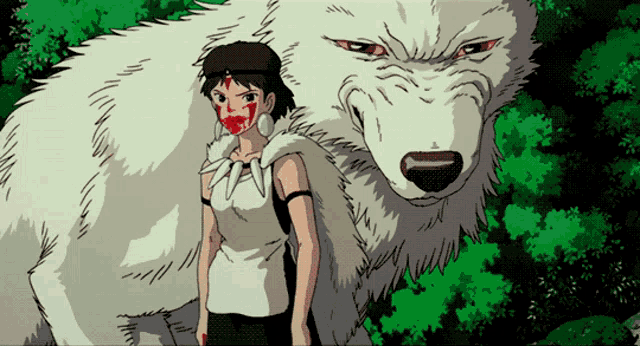 a woman with blood on her face is standing next to a white bear