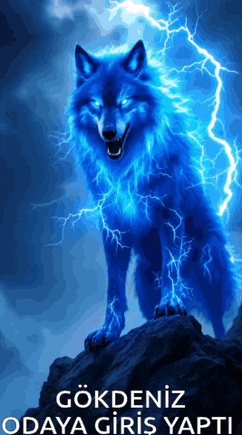 a blue wolf is surrounded by lightning and the words gokdeniz odaya giriş yapti