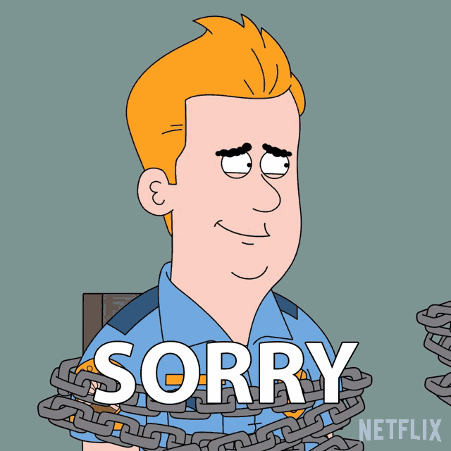 a cartoon of a police officer with chains around his neck and the word sorry on the bottom right
