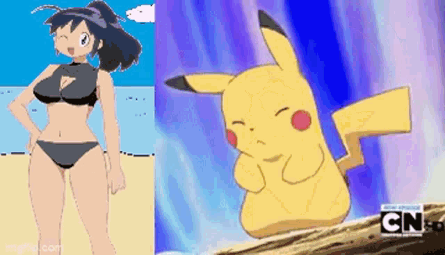 a woman in a bikini next to a cartoon character .