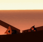 a cartoon drawing of two cats looking out of a window at the sunset